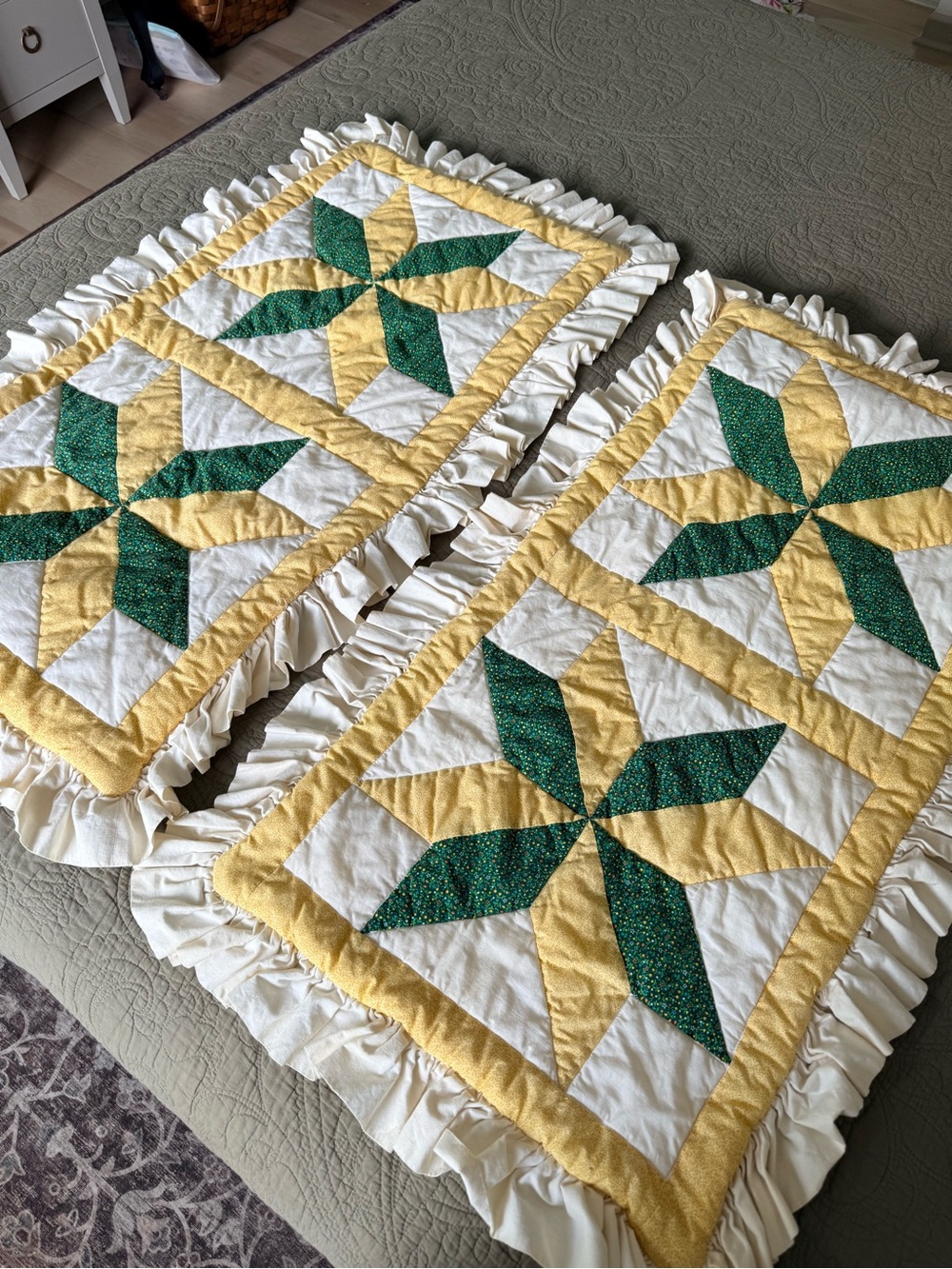 Handmade Yellow & Green Star Patchwork Quilt King Size Pillow Shams